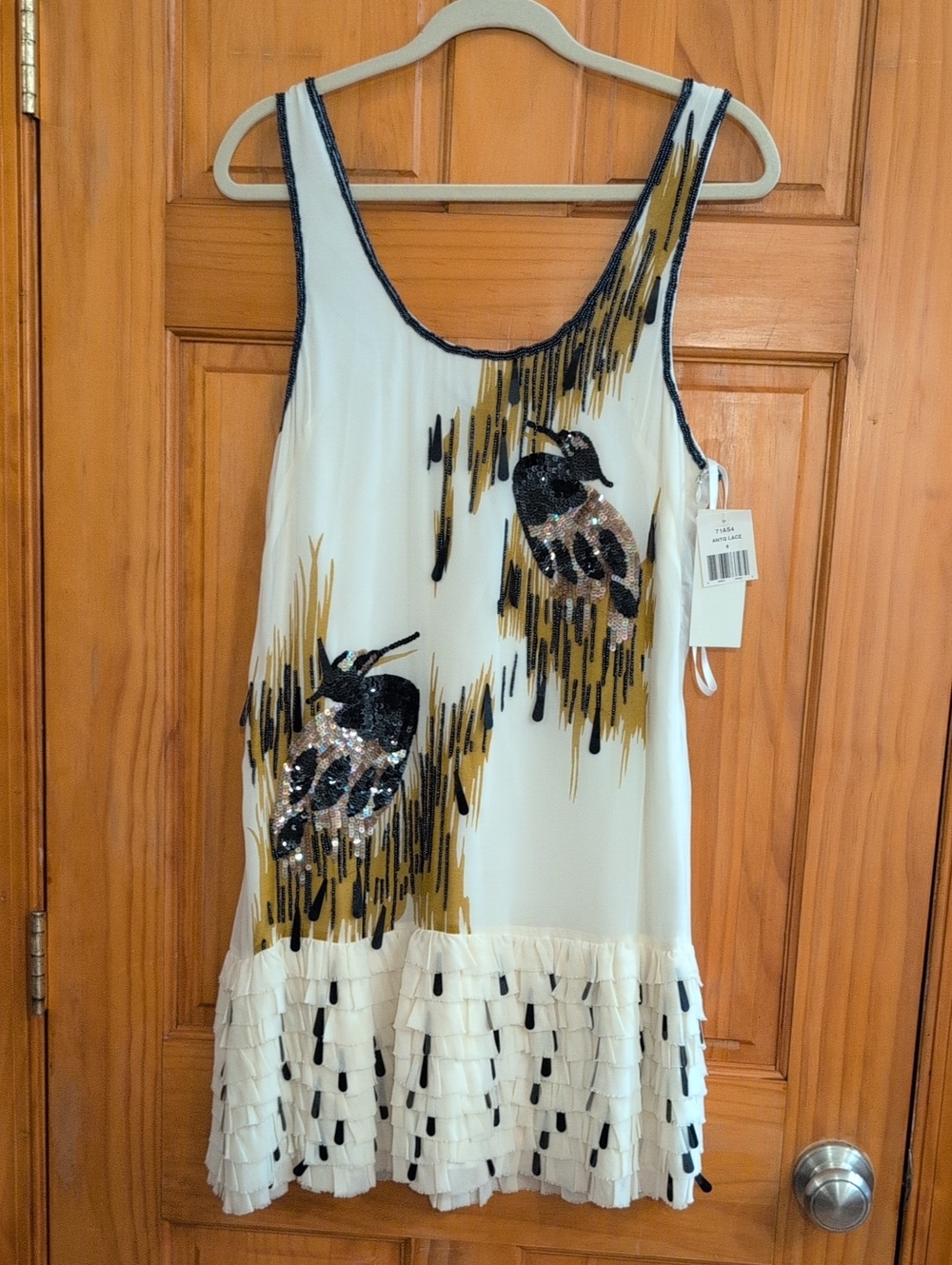 French Connection Cream Sequin Bird Tank Dress with Black Trim